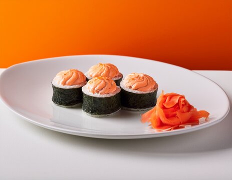 a minimalist photograph of salmon sushi sushi rolls and pickled ginger on a white plate with an orange and white background