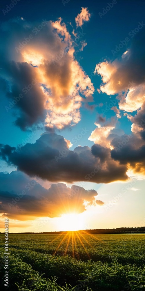 Poster golden rays burst forth as the sun dips below the horizon, casting a warm glow on lush fields. fluff