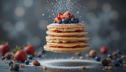 Stack of pancakes topped with berries and powdered sugar against a blurred background
