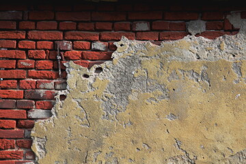 Crumbling plaster and old red brick wall.