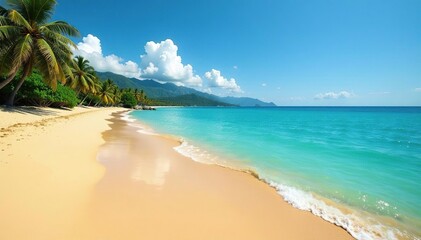Fototapeta premium Golden sand beach, calm turquoise water, distant hills, sand, view
