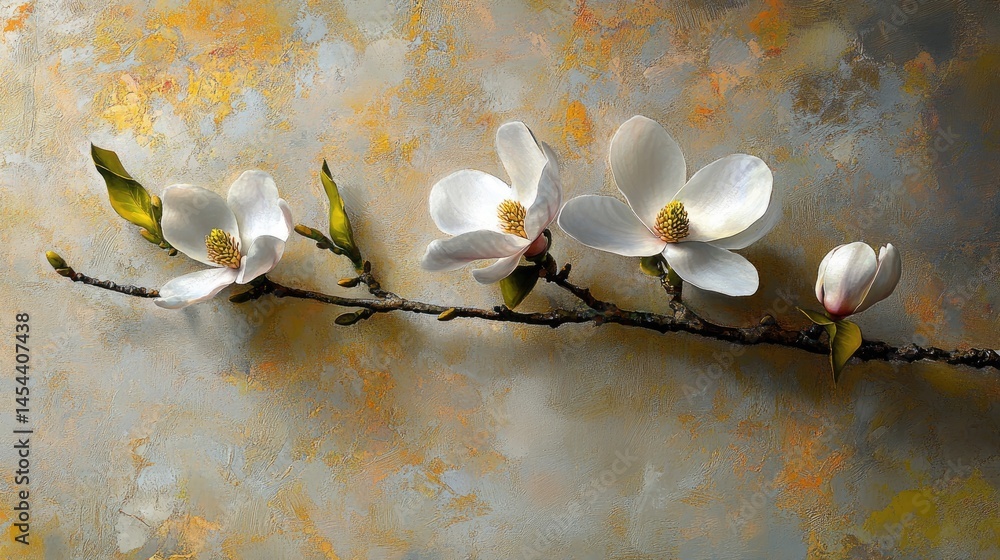 Poster detailed view of magnolia on thin twigs, soft focus drawing attention to delicate forms and rich col