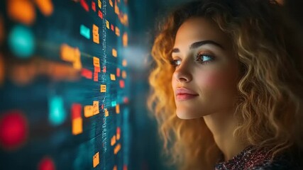 Woman gazing at vibrant digital display