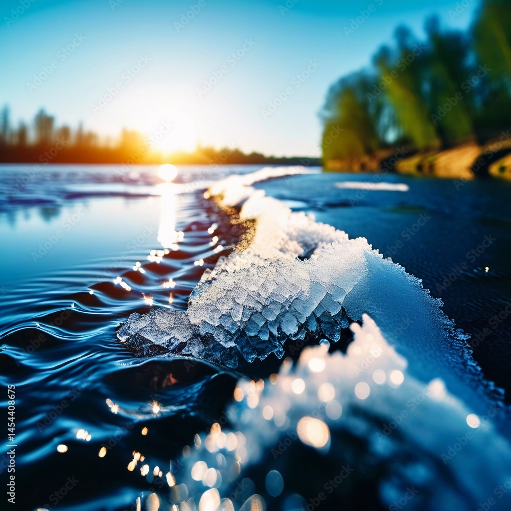 Poster Brilliant sunlight casts a warm glow on a river where ice drifts gently dissolve, signaling the arrival of spring. Nature awakens as warmth envelops the landscape Generative AI