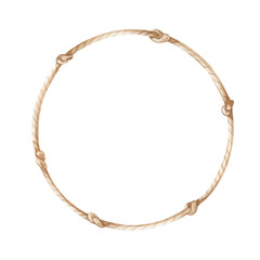 The watercolor round frame made of jute rope is hand-drawn. A watercolor illustration of a knotted rope is isolated on a white background. Empty space for insertion.