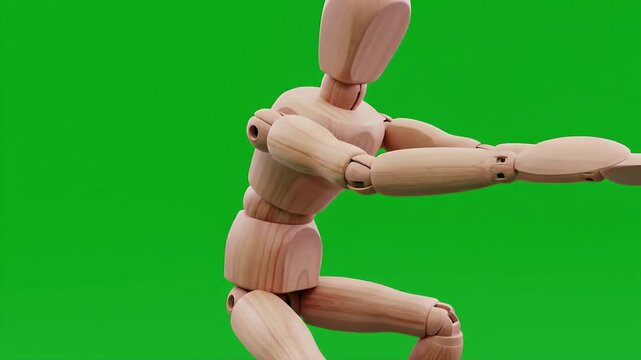 Wooden figure in dynamic stretching pose on green background