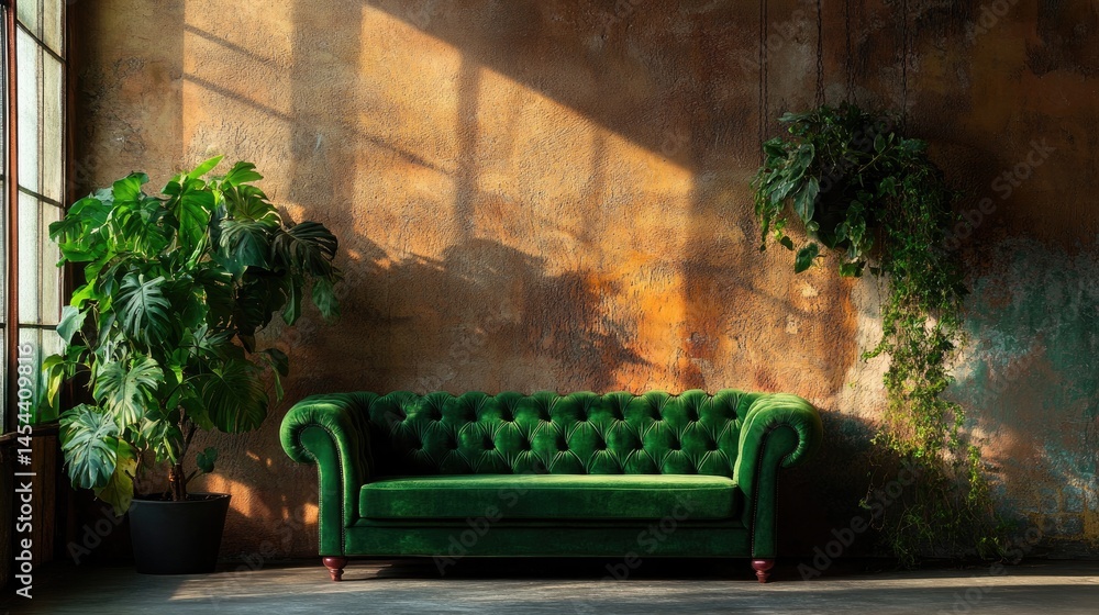 Poster deep green velvet sofa with tufted detail sits in warm light against rich matching drapery and textu