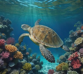 Naklejka premium A magnificent green sea turtle swims amidst a kaleidoscope of corals in a clear blue sea, sea turtle swimming, ocean, marine