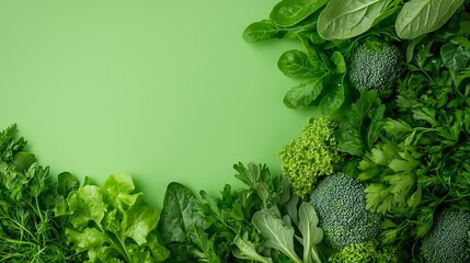 Assortment of Fresh Green Vegetables on a Green Background