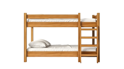 Classic wooden bunk bed with ladder, featuring clean lines and white bedding, isolated on a bright white background.