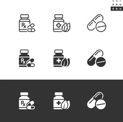 Medicine icon set in outline and solid styles. The objects are divided by a white line, with no cutting path that can be moved for editing the design. Editable stroke.