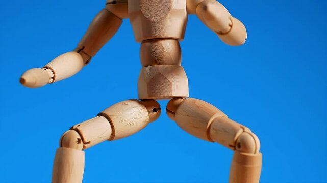 Wooden figure in martial arts stance against blue background