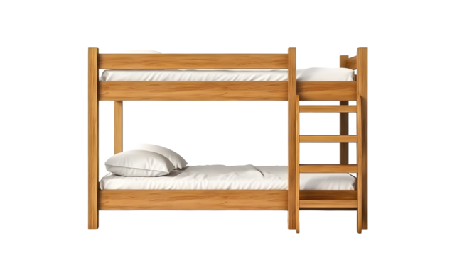 Classic wooden bunk bed with ladder, featuring clean lines and white bedding, isolated on a bright white background.