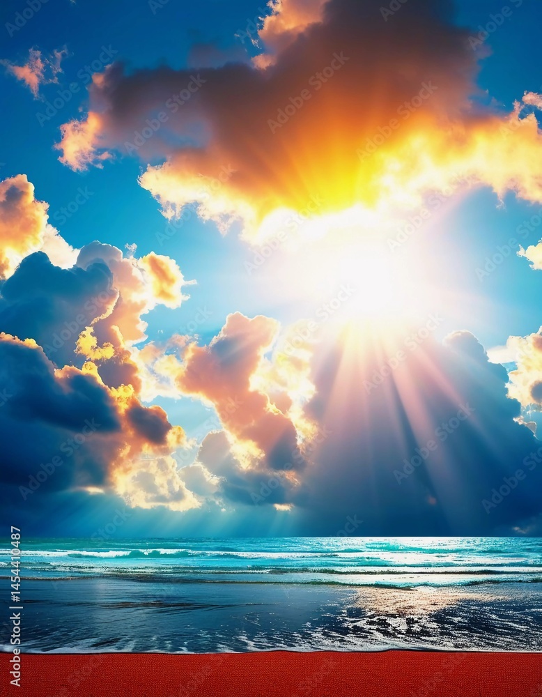 Poster As dawn breaks, vibrant rays of sunlight pierce through the clouds, casting a warm glow over the serene ocean. Waves gently lap the shore, creating a peaceful ambiance Generative AI