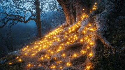 Naklejka premium Mystical fairy lights adorn ancient tree roots in a twilight forest scene