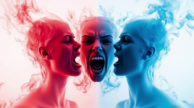 Triple Face Scream Red Blue Smoke Anger Pain Emotion