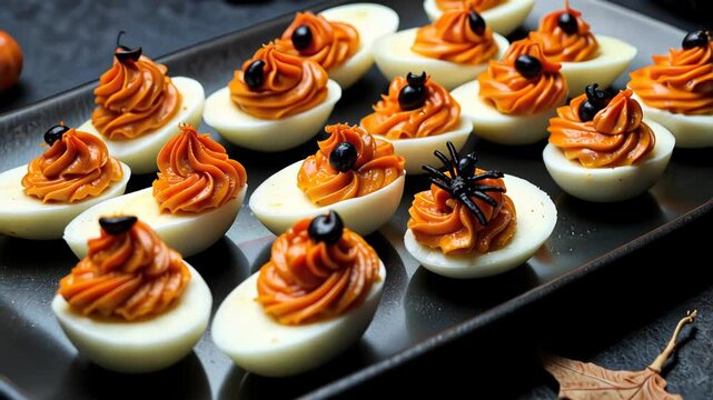Halloween-themed stuffed eggs arranged on a black platter  