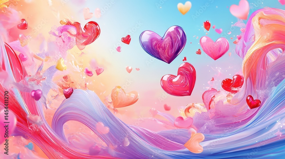 Poster ethereal flow of pastel waves intertwined with floating hearts, creating a peaceful, abstract backgr