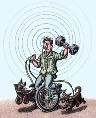 man on unicycle multitasking with dogs lifting weights and listening to an audiobook © Lisa Haney