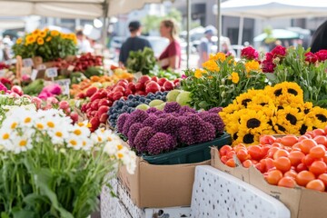 Outdoor market stall with vegetables fruits and flowers