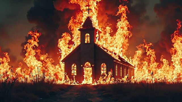 Church engulfed in flames Symbolic representation of religious conflict or persecution. Dramatic visual metaphor for faith under attack. Vintage effect
