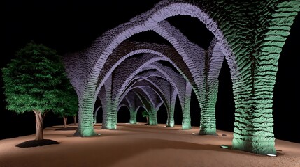 Nighttime Archway Mystical Brick Pathway.