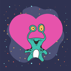 Alien in space waving hand. I love UFO concept. Flat graphic design cartoon illustration