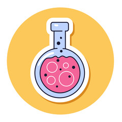 Science laboratory flask line icon sticker isolated concept. Flat graphic design cartoon illustration