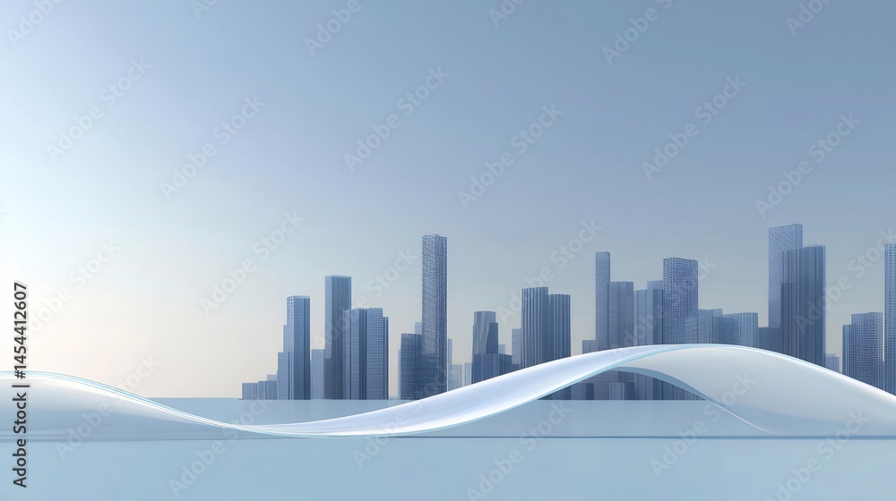 Aufkleber 青い光と都市のスカイラインを備えた抽象的なデジタルデザインの未来的な建築背景
