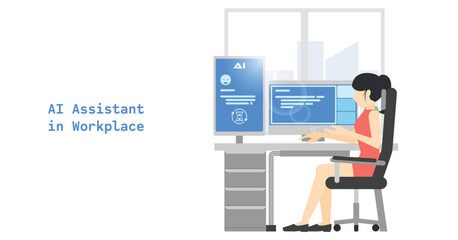 AI Assistant in Workplace – Flat Vector Design for Artificial Intelligence Technology