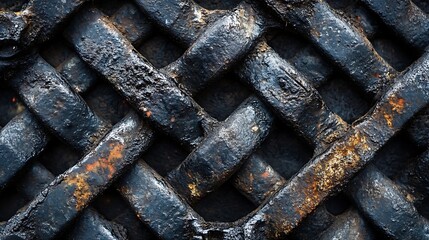 Close-up view of a weathered, interwoven metal lattice.