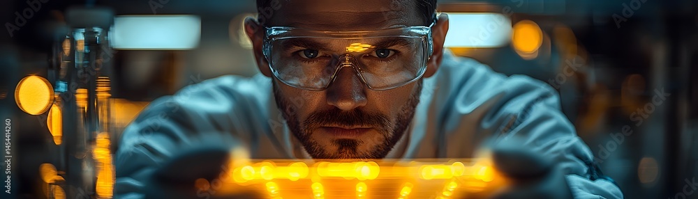 Poster renewable energy scientist in a lab examining a solar panel prototype