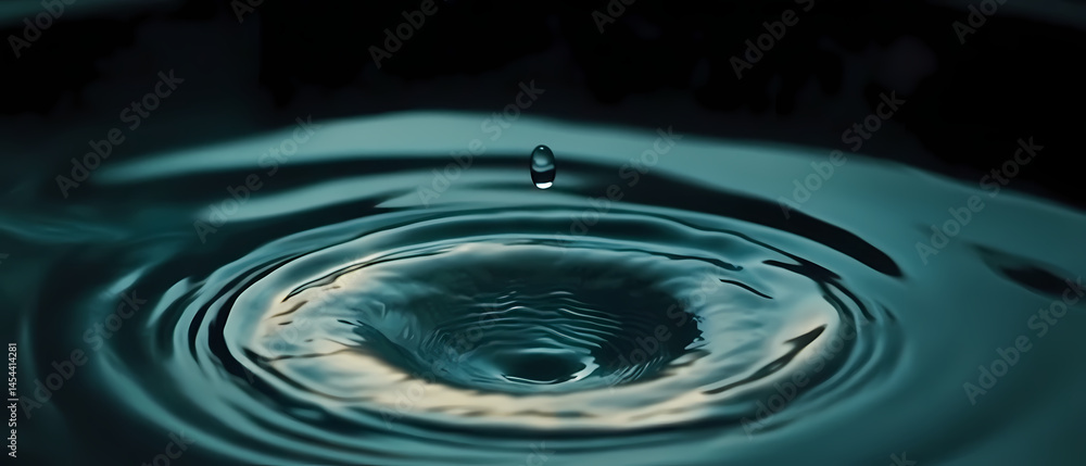 Poster close-up view of a water droplet creating ripples in a dark bowl, showcasing fluid dynamics and tran