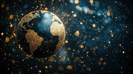 Glittering earth globe floating in bokeh-filled space