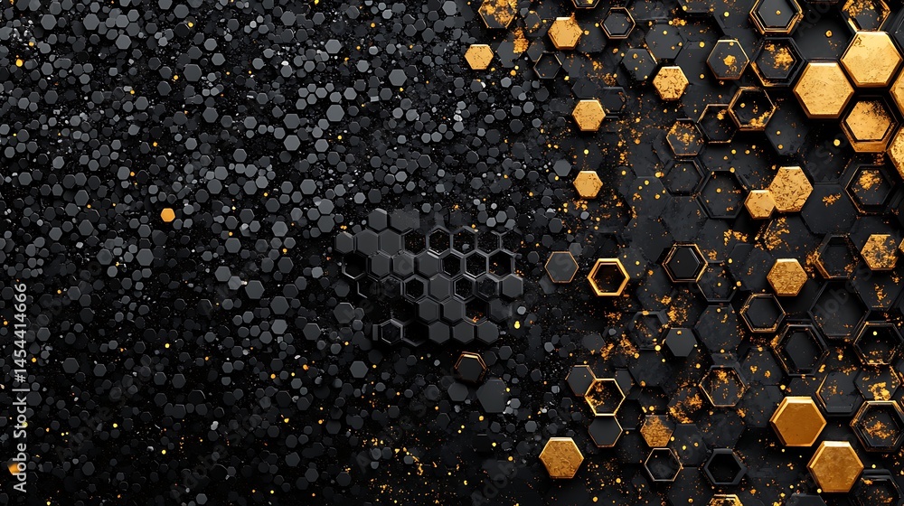 Poster abstract design featuring a blend of black and gold hexagonal shapes creating a modern aesthetic