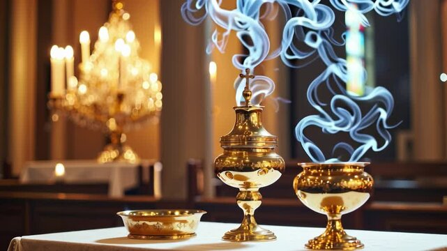 Golden thurible with rising incense smoke for Christian liturgy. Censer for religious ceremony. Atmospheric church interior with candles