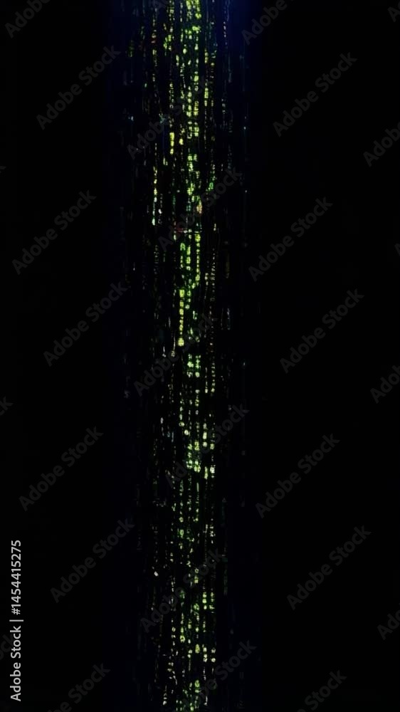 Poster glowing digital data code cascade flowing downward like rain on black