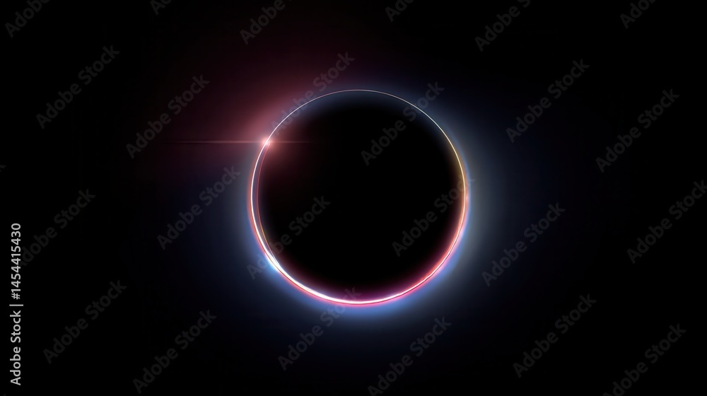 Poster create a mesmerizing cosmic eclipse featuring a perfect black circle with multi-layered luminous edg
