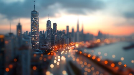 Blurry City Skyline at Sunset