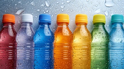 Chromatic Collection: Row of Hydrated Plastic Bottles with Vibrant Liquid Tones