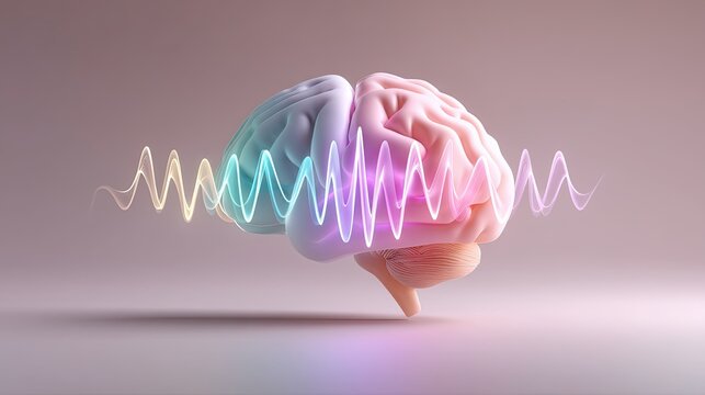 Colorful pastel brain waves illustrating mental activity of happy brainwaves glowing in pastel colors with soft pulse movement, scientific and medical context.
