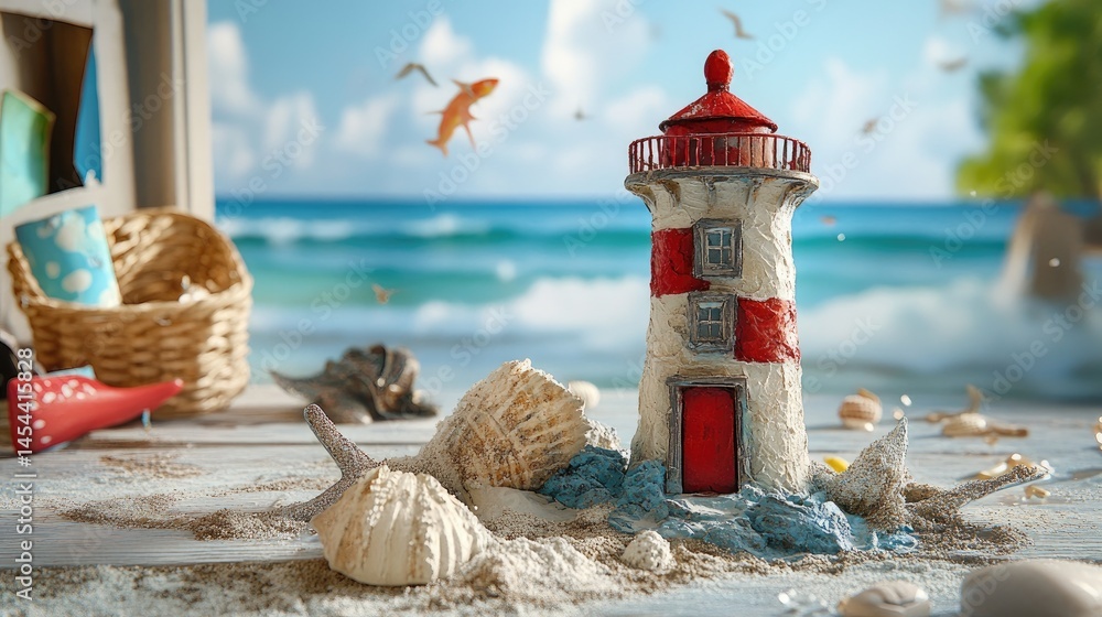 Poster close-up of red-roofed lighthouse decor with realistic detailing, ocean waves gently fading in the b