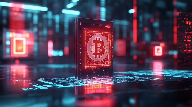 Digital rendering of a cryptocurrency chip in a futuristic server room.