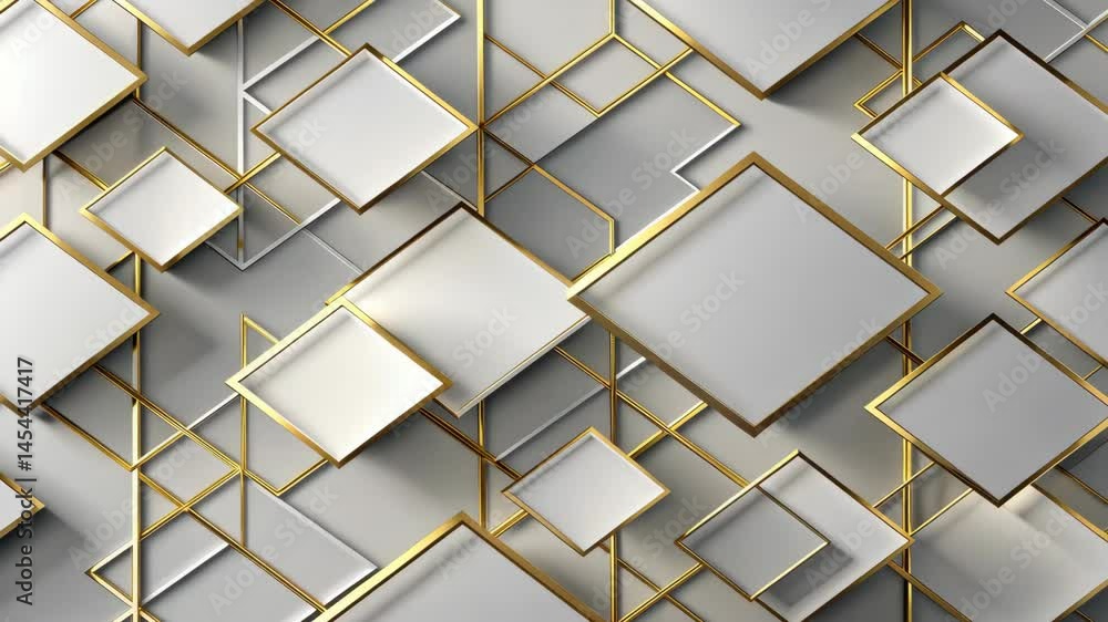 Poster Elegant white and gold squares in a dynamic, modern seamless loop.