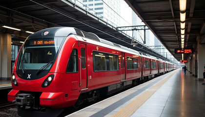 Fototapeta premium Red Passenger Train at Urban Railway Station Platform