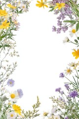 White frame with daisies, lavender and yellow flowers in soft spring botanical style