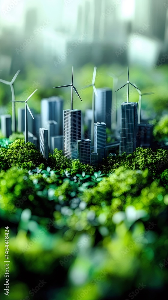 Poster 緑豊かな都市の未来的な風景 風力発電機と高層ビルが立ち並ぶ環境配慮型都市のコンセプト