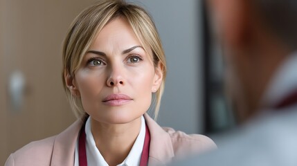 Professional Businesswoman Engaged in Serious Discussion in Modern Office Setting