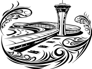 EV charging infrastructure for sustainable electric mobility SVG vector. Stylized Illustration of an Airport Control Tower and Runway Design