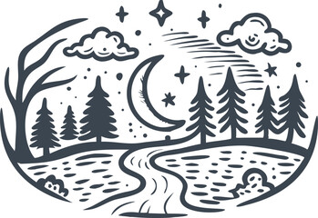 Serene forest at night with crescent moon, stars, river, and lush trees in black and white sketch engraving style illustration

